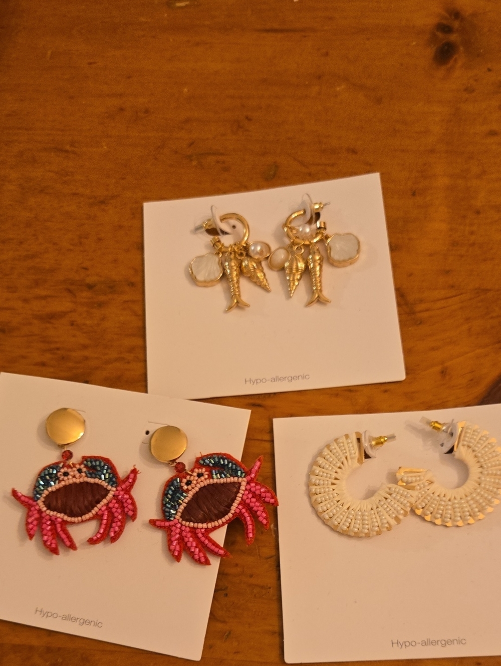 Set of 3 Hypo-Allergenic Earrings — Gold Charms, Beaded Crab, Woven Hoops